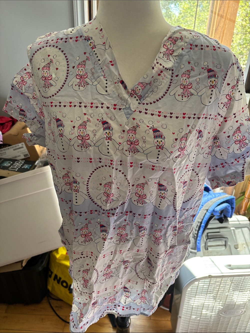 Women’s White V-Neck Snowman Print Scrub Top